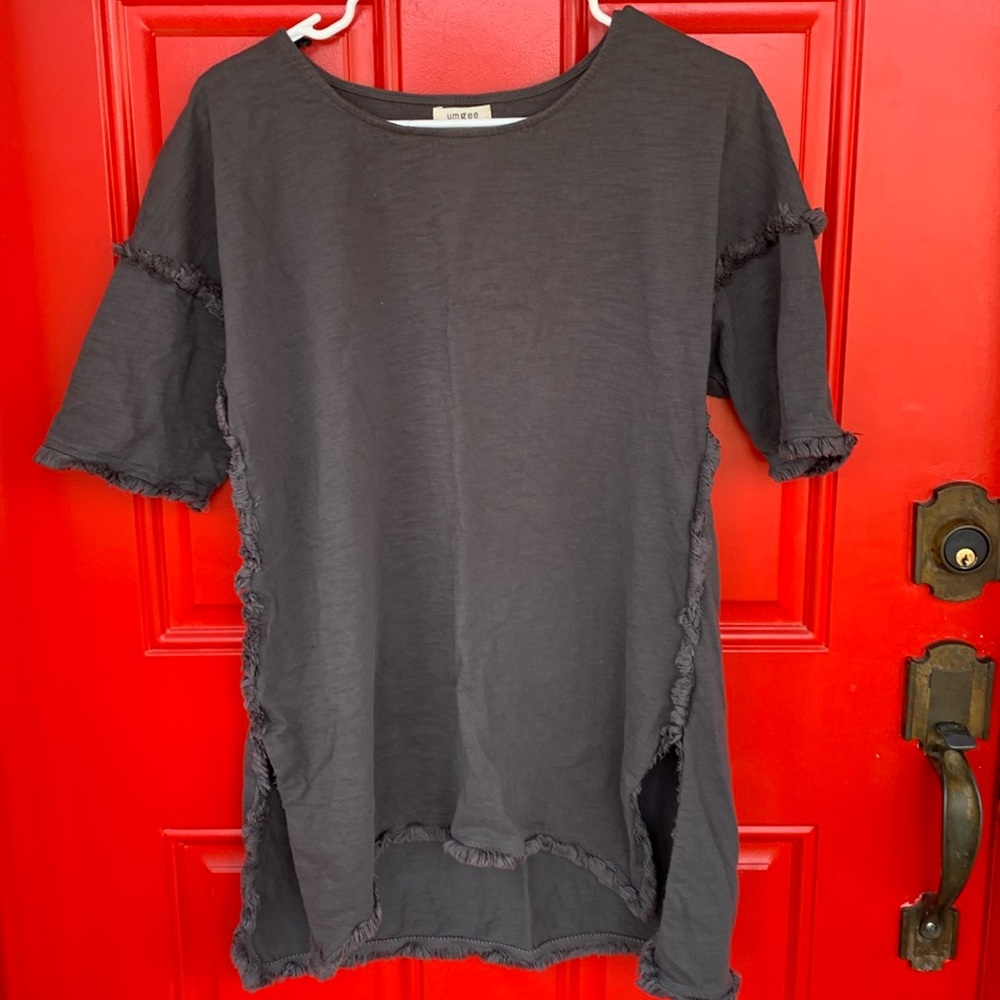 Umgee Charcoal Ruffle Trim Top